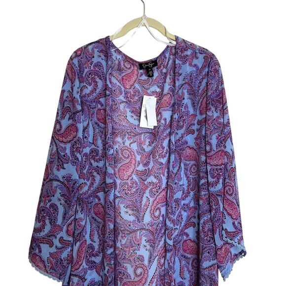 Jessica Simpson Kimono 1X Ultramarine Pink Paisley Sheer 3/4 Sleeve Open Front - Picture 2 of 9